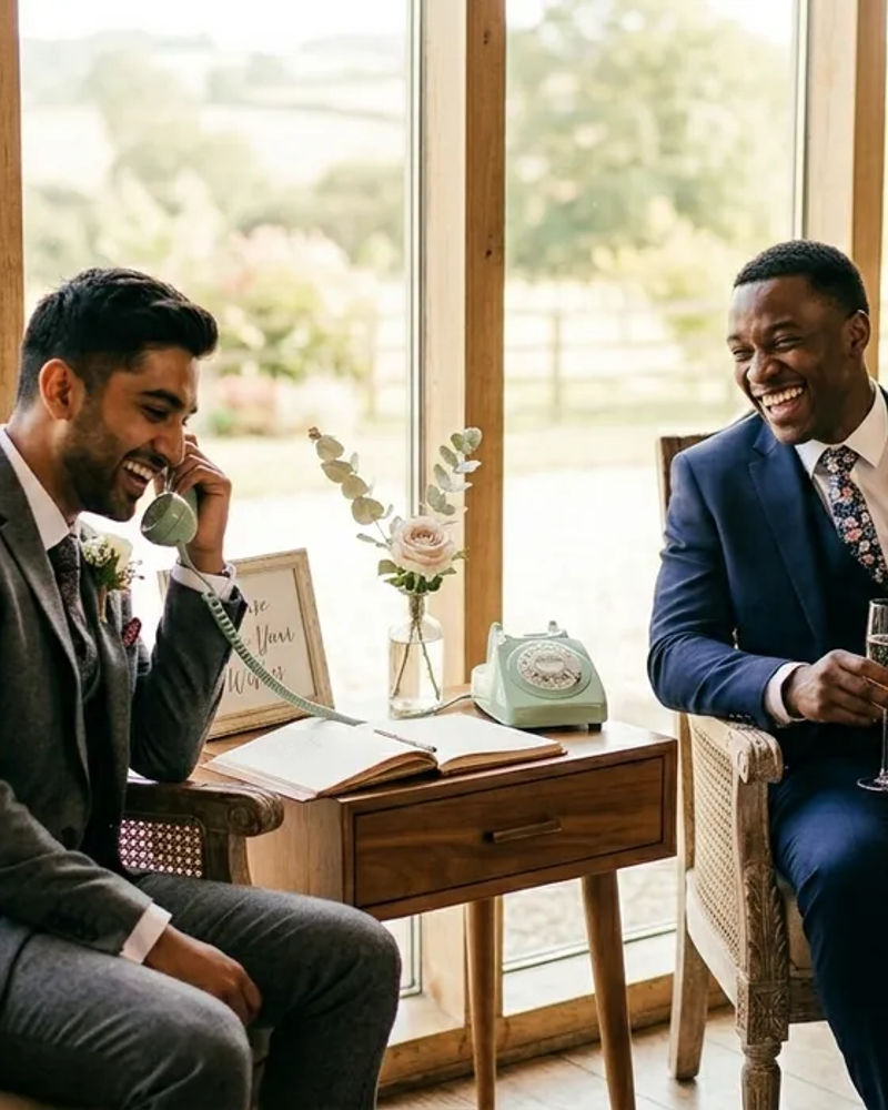 Two best men laughing while talking on a vintage telephone audio guestbook