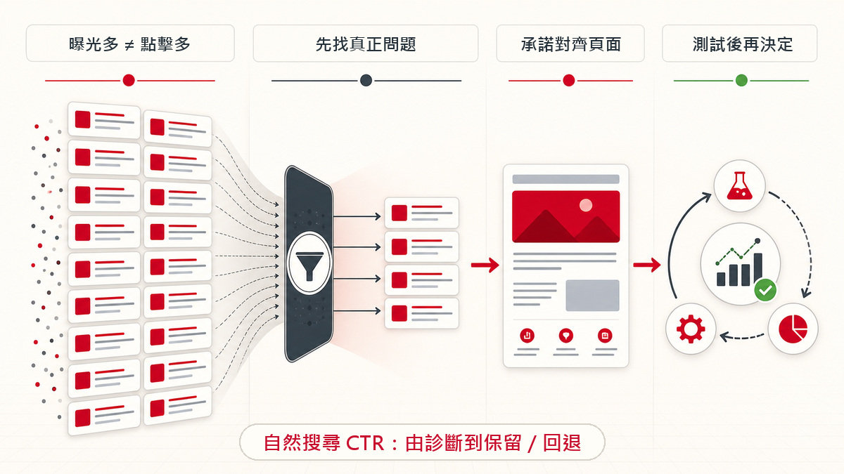 自然搜尋有穩定曝光但點擊偏低，由診斷真正原因到保留或回退 CTR 測試的路線