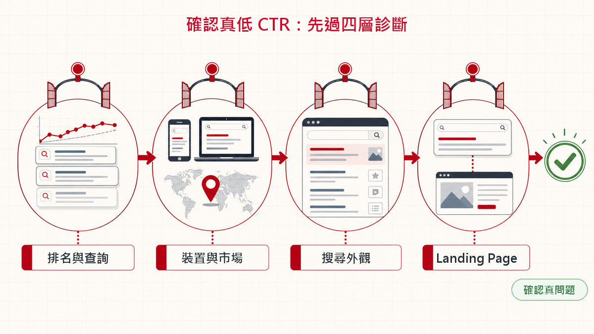 CTR 診斷四層閘門，先核對排名與查詢組合，再分裝置市場、搜尋外觀及 landing page