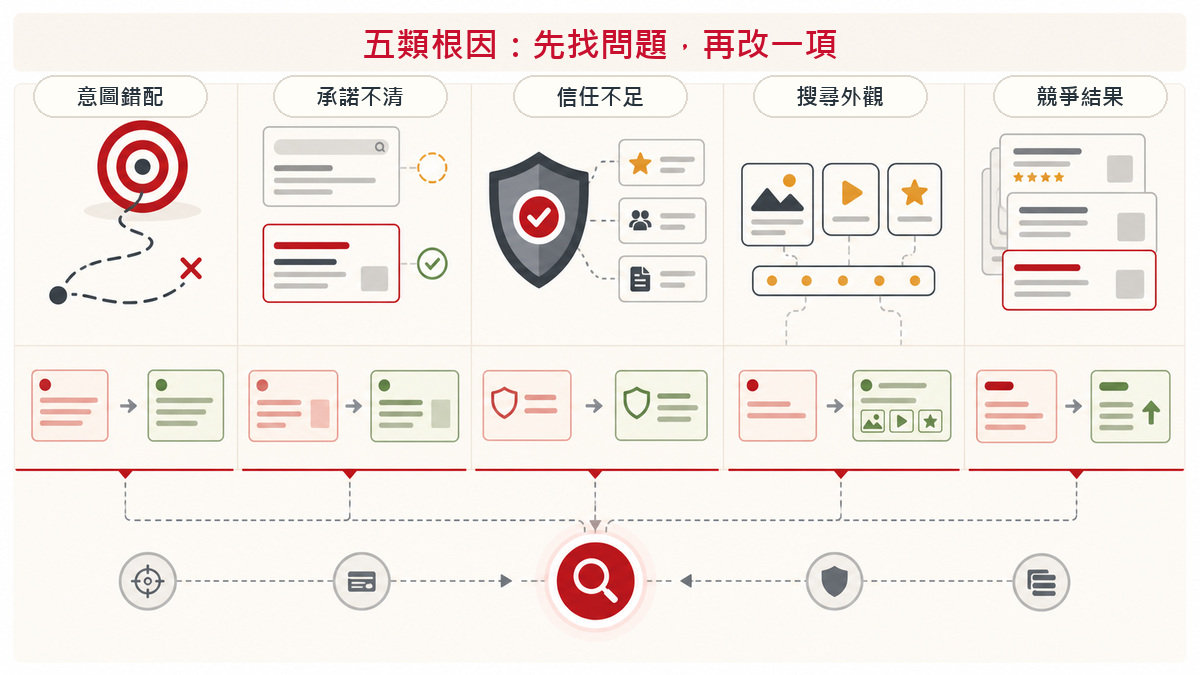 自然搜尋低 CTR 五類根因矩陣，包括意圖、承諾、信任、搜尋外觀與競爭結果