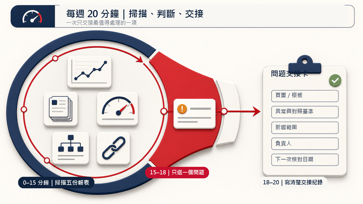 每週 20 分鐘 Search Console 檢查流程，先掃描五份報表，再選一個問題並記錄頁面、影響、負責人及核對日期