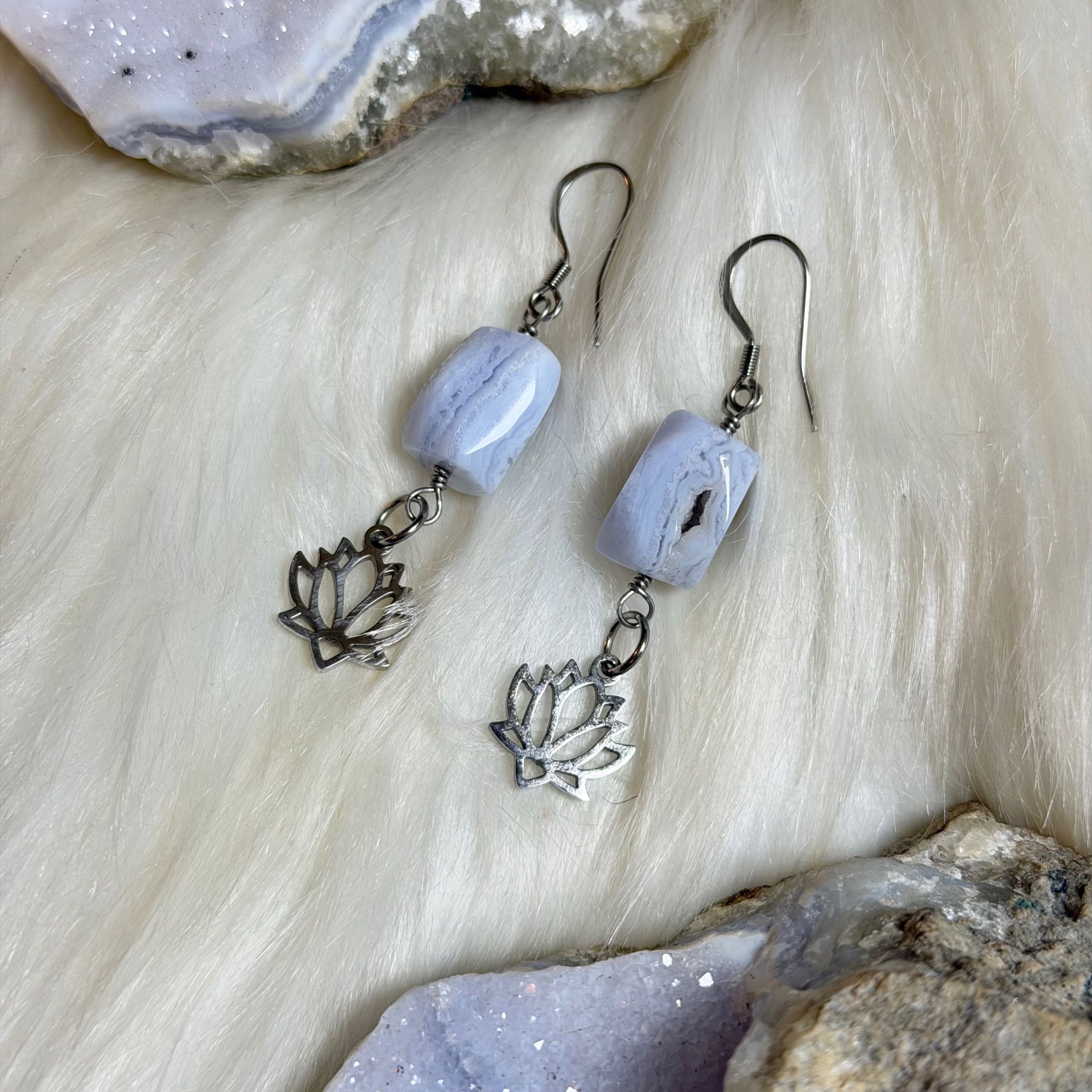 Handmade Blue Lace Agate Lotus Earrings