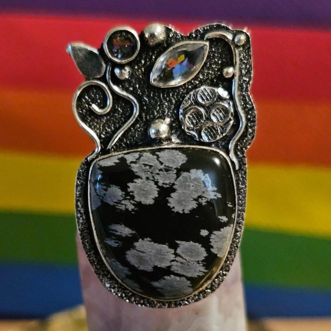 NEW!✨️7.5 Snowflake Obsidian & Amethyst + Topaz Gemstones .925 sterling silver ring!
