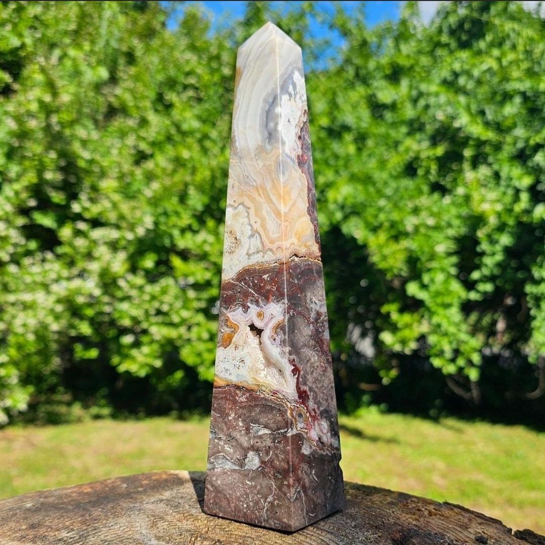 ✨️BIG 9.5"3LB Mexican Crazy Lace Agate Statement Obelisk-STUNNING Botryoidal Pockets & Detail! NEW!✨