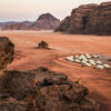 Martian landscape with luxury camping in Wadi Rum desert. Jordan