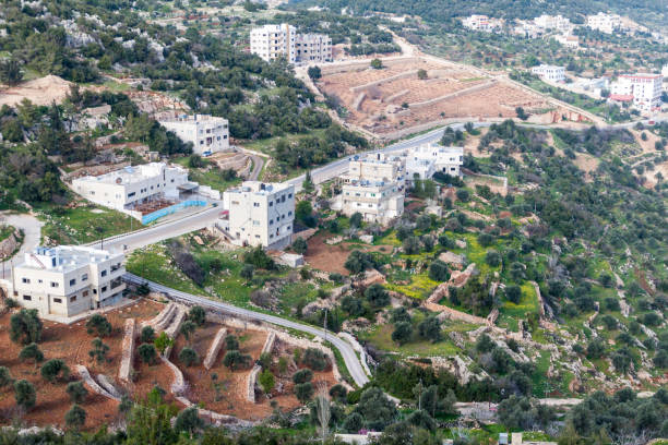 Aerial view of Ajloun town suburbs Jordan.