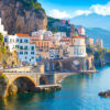 Morning view of Amalfi cityscape on coast line of mediterranean sea, Italy