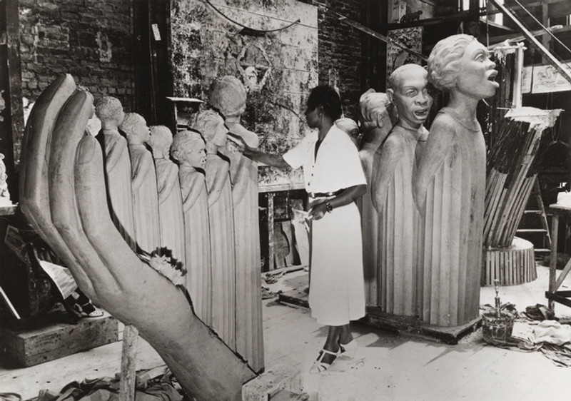 Augusta Savage in her studio working on her World’s Fair monument “Lift Every Voice and Sing.”