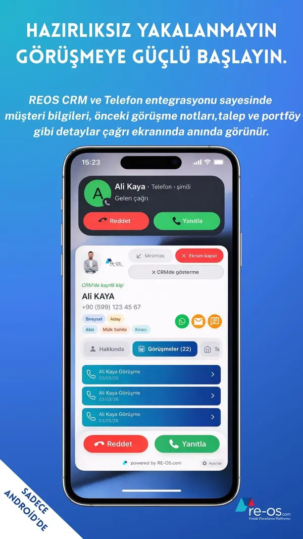 RE-OS Telefon CRM — gelen çağrıda müşteri profili otomatik açılıyor