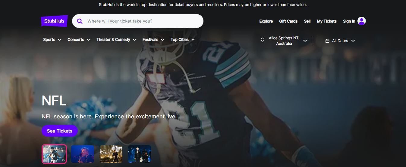 A screenshot of the StubHub website's homepage