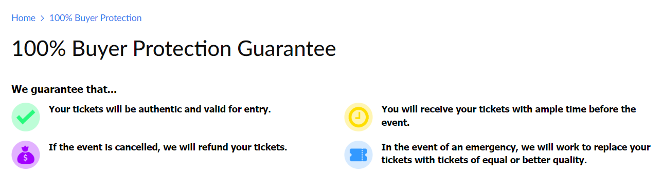 100% buyer guarantee for every ticket sold on The Ticket Merchant