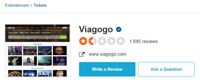 Viagogo rating on Sitejabber