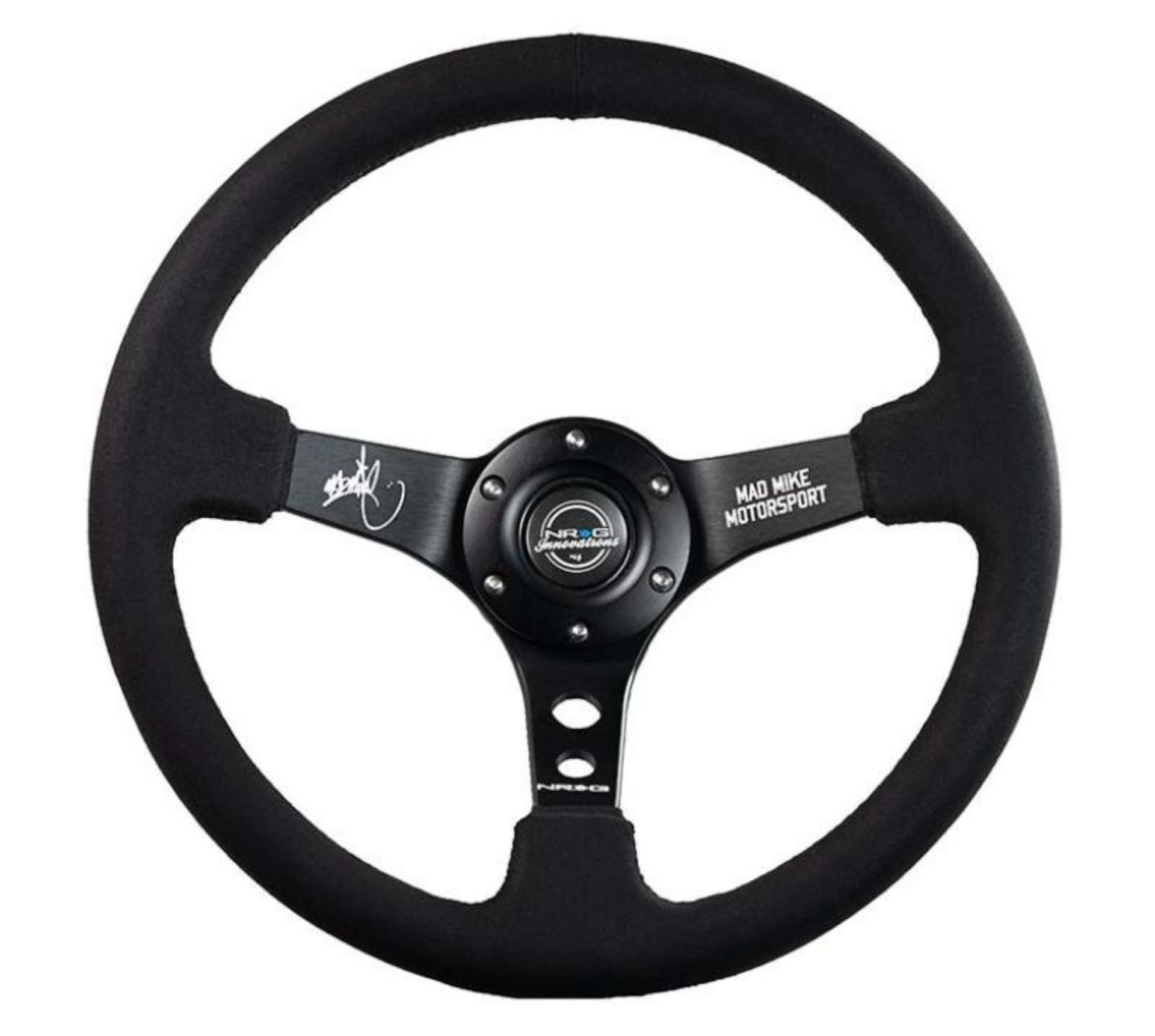 Picture of NRG Reinforced Steering Wheel (3in. Deep) Mad Mike /5mm Spoke/ Alcantara Finish/ Black Stitching