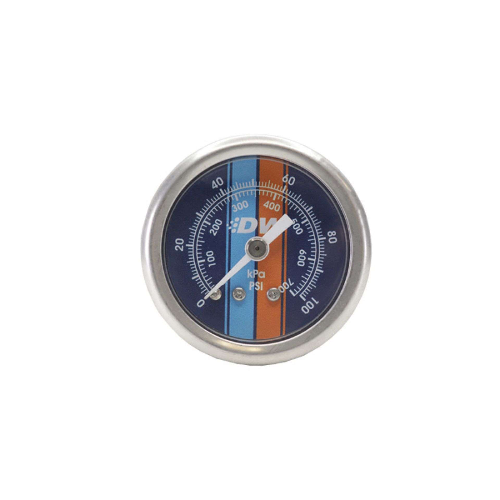 Picture of DeatschWerks 0-100 PSI 1-8in NPT Mechanical Fuel Pressure Gauge Brushed Housing Blue Face