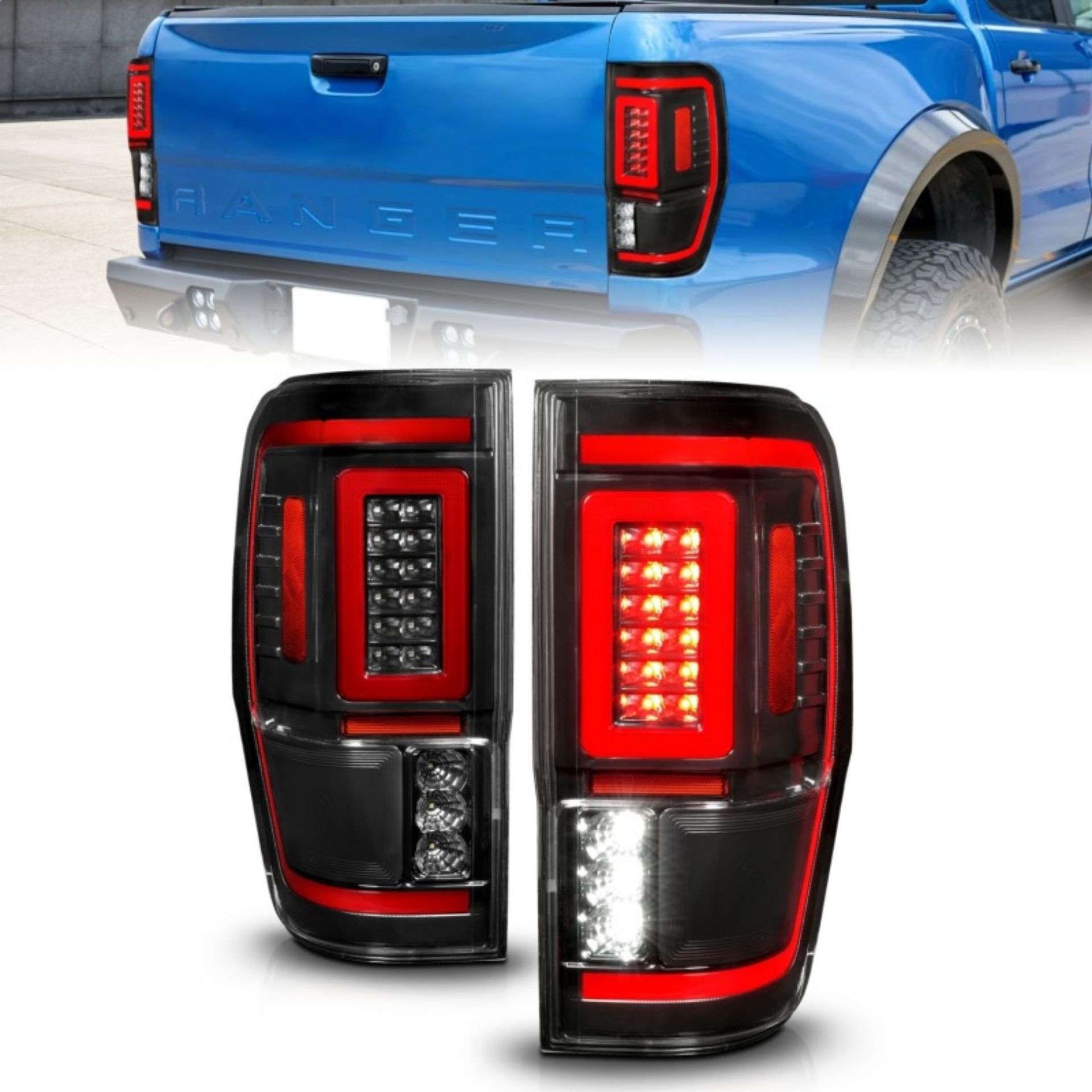 Picture of ANZO 19-22 Ford Ranger Full LED Taillights w- Lightbar Sequential Signal Black Housing-Clear Lens