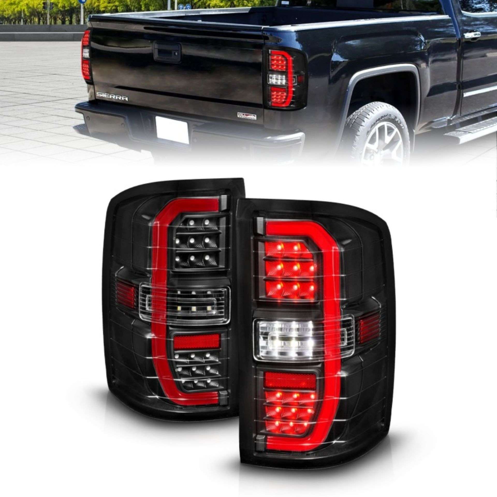 Picture of ANZO 14-18 GMC Sierra 1500 Full LED Taillights Black Housing Clear Lens w-C Light Bars