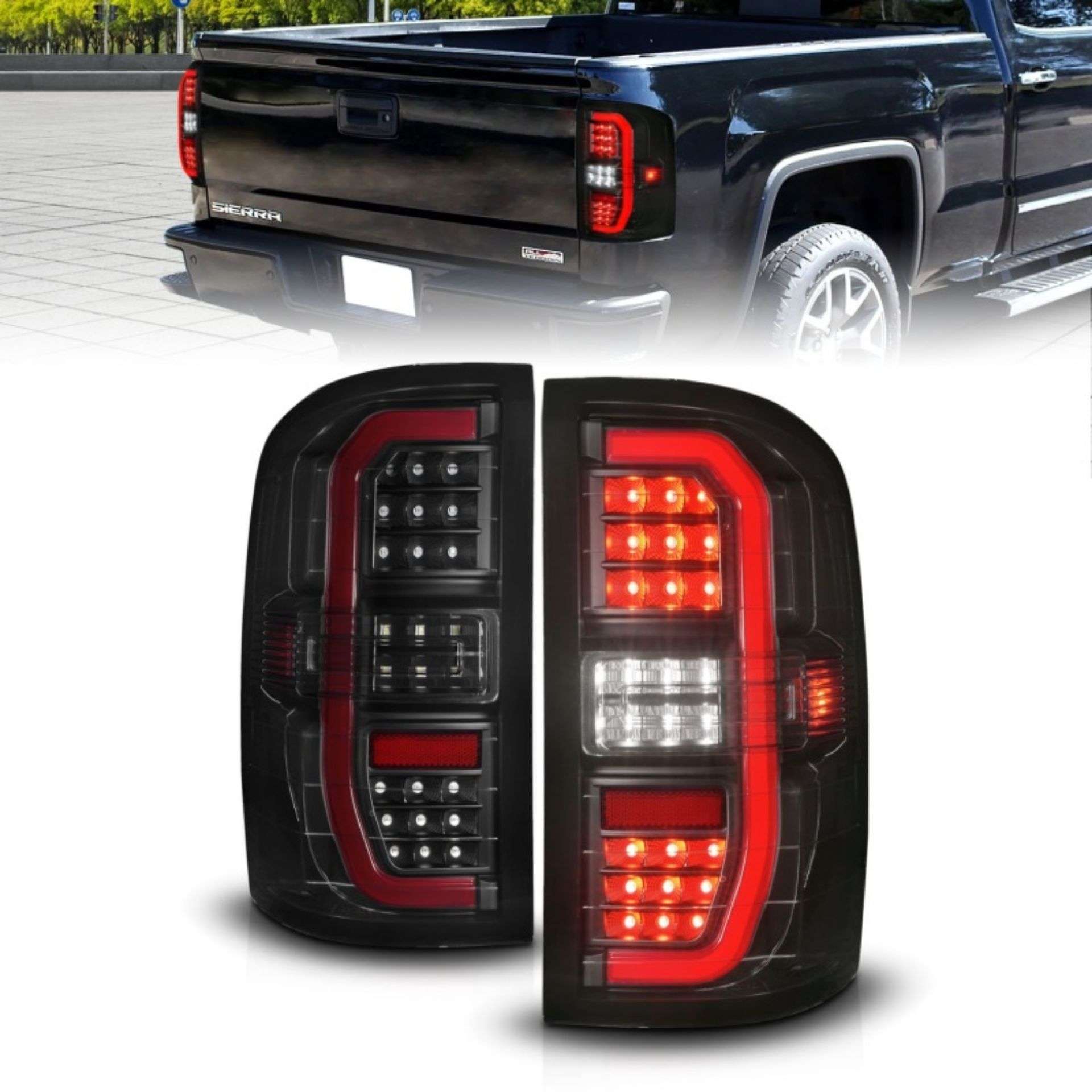 Picture of ANZO 14-18 GMC Sierra 1500 Full LED Taillights Black Housing Smoke Lens w-C Light Bars