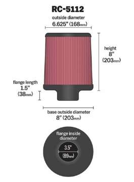 Picture of K&N Filter Universal Rubber Filter 3-5in Flange 6-625in Top 8in Height Center Hole