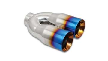 Picture of Vibrant 2-5in ID Dual 3-5in OD Round SS Tips Double Wall, Straight Cut with Burnt Blue Finish