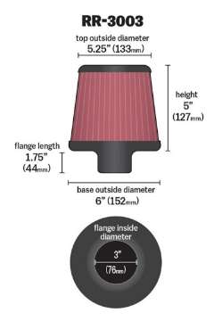 Picture of K&N Universal Filter 3 inch Flange 6 inch Base 5 1-4 inch Top 5 inch Height w- Polished Top