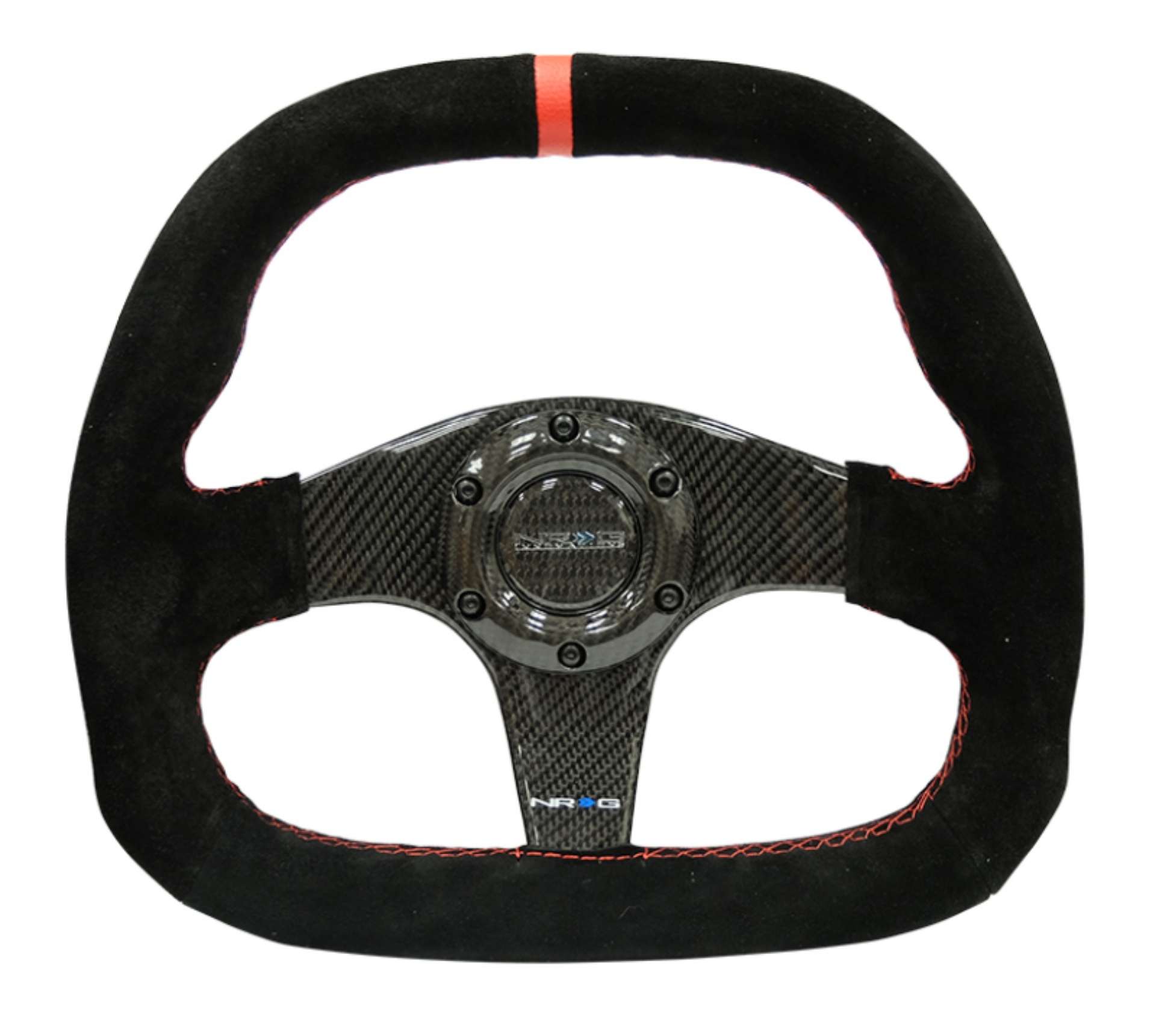 Picture of NRG Carbon Fiber Steering Wheel 320mm Flat Btm- Blk Suede-Red Stitch w-CF Spokes & Red Center Mark