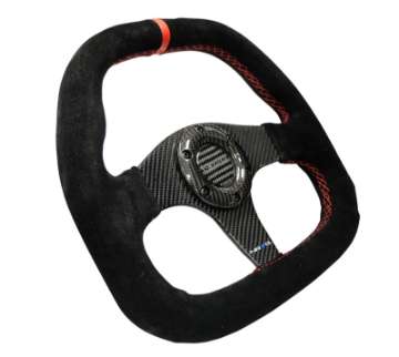 Picture of NRG Carbon Fiber Steering Wheel 320mm Flat Btm- Blk Suede-Red Stitch w-CF Spokes & Red Center Mark