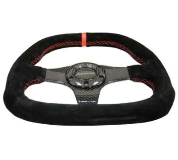 Picture of NRG Carbon Fiber Steering Wheel 320mm Flat Btm- Blk Suede-Red Stitch w-CF Spokes & Red Center Mark