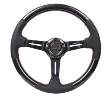 Picture of NRG Carbon Fiber Steering Wheel 350mm -1-5in- Deep Leather Trim w-Red Stitch & Slit Cutout Spokes