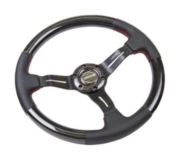 Picture of NRG Carbon Fiber Steering Wheel 350mm -1-5in- Deep Leather Trim w-Red Stitch & Slit Cutout Spokes