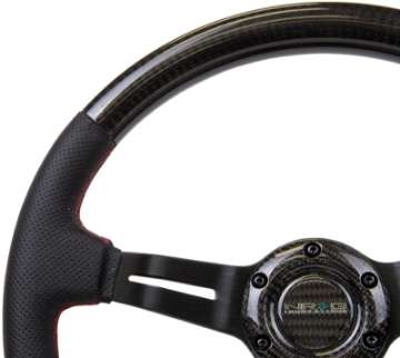 Picture of NRG Carbon Fiber Steering Wheel 350mm -1-5in- Deep Leather Trim w-Red Stitch & Slit Cutout Spokes