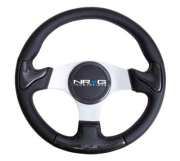 Picture of NRG Carbon Fiber Steering Wheel 350mm Silver Frame Blk Stitching w-Rubber Cover Horn Button