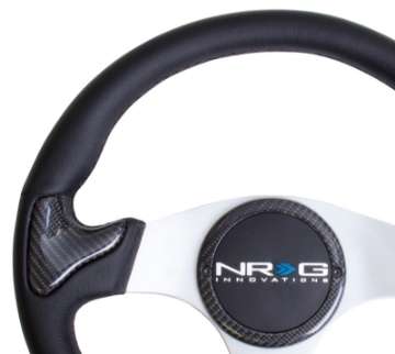 Picture of NRG Carbon Fiber Steering Wheel 350mm Silver Frame Blk Stitching w-Rubber Cover Horn Button