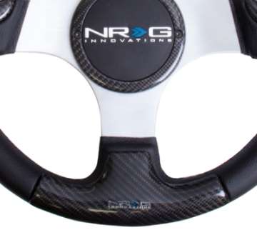 Picture of NRG Carbon Fiber Steering Wheel 350mm Silver Frame Blk Stitching w-Rubber Cover Horn Button