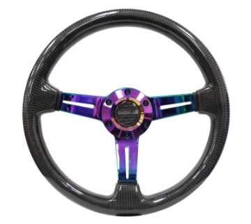 Picture of NRG Carbon Fiber Steering Wheel 350mm - 1-5in- Deep Neochrome 3-Spoke Design w-Slit Cuts