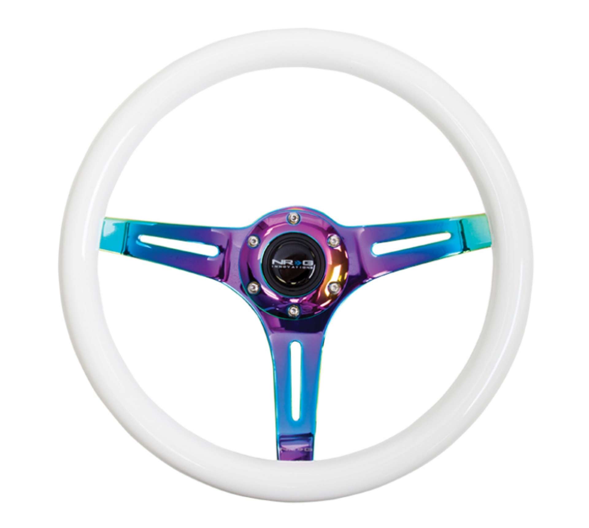 Picture of NRG Classic Wood Grain Steering Wheel 350mm Glow-N-The-Dark Green Grip w-Neochrome 3-Spoke Center