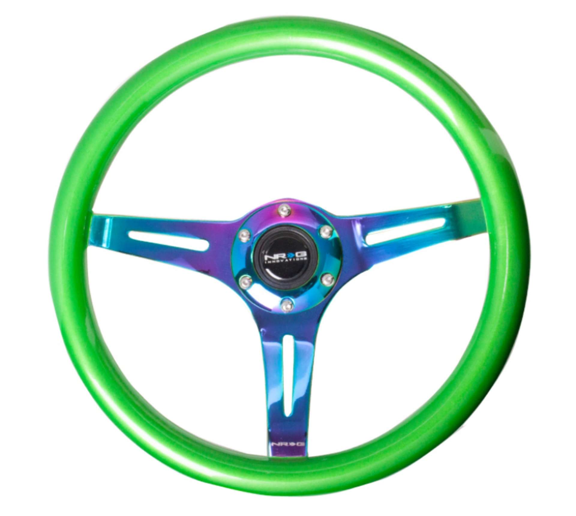 Picture of NRG Classic Wood Grain Steering Wheel 350mm Green Pearl-Flake Paint w-Neochrome 3-Spoke Center