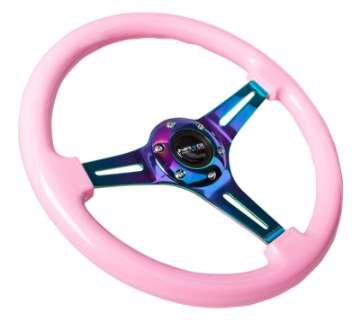 Picture of NRG Classic Wood Grain Steering Wheel 350mm Solid Pink Painted Grip w-Neochrome 3-Spoke Center