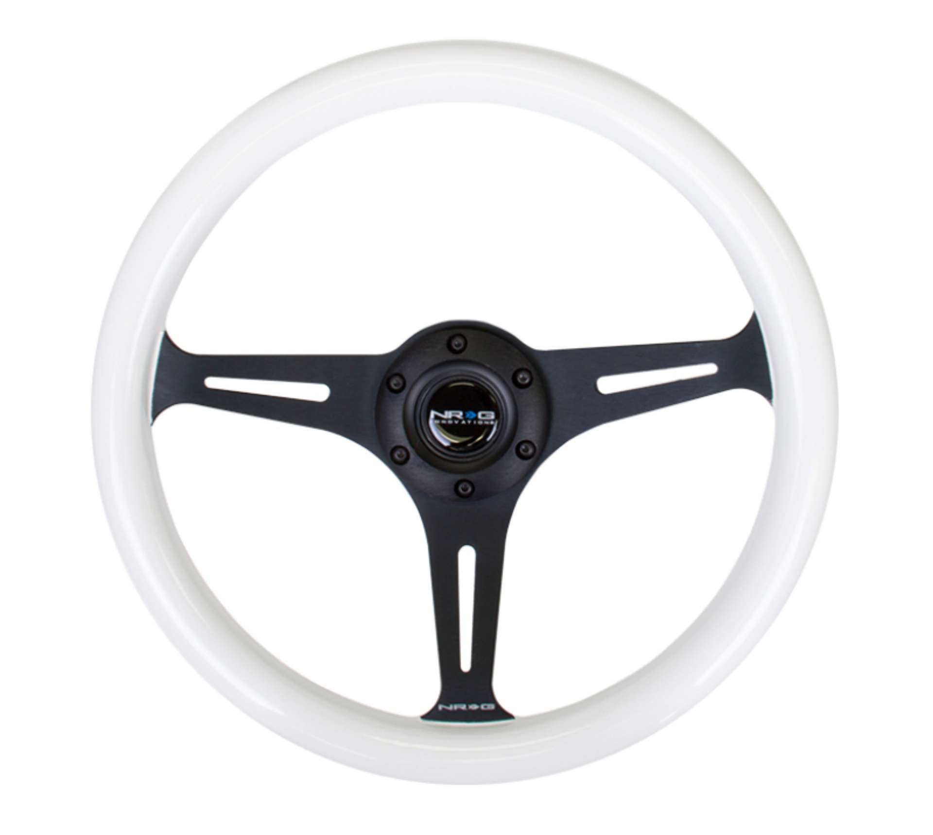 Picture of NRG Classic Wood Grain Steering Wheel 350mm Glow-In-The-Dark Blue Grip w-Black 3-Spoke Center