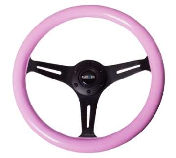 Picture of NRG Classic Wood Grain Steering Wheel 350mm Solid Pink Painted Grip w-Black 3-Spoke Center