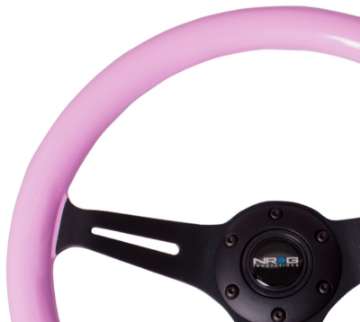 Picture of NRG Classic Wood Grain Steering Wheel 350mm Solid Pink Painted Grip w-Black 3-Spoke Center