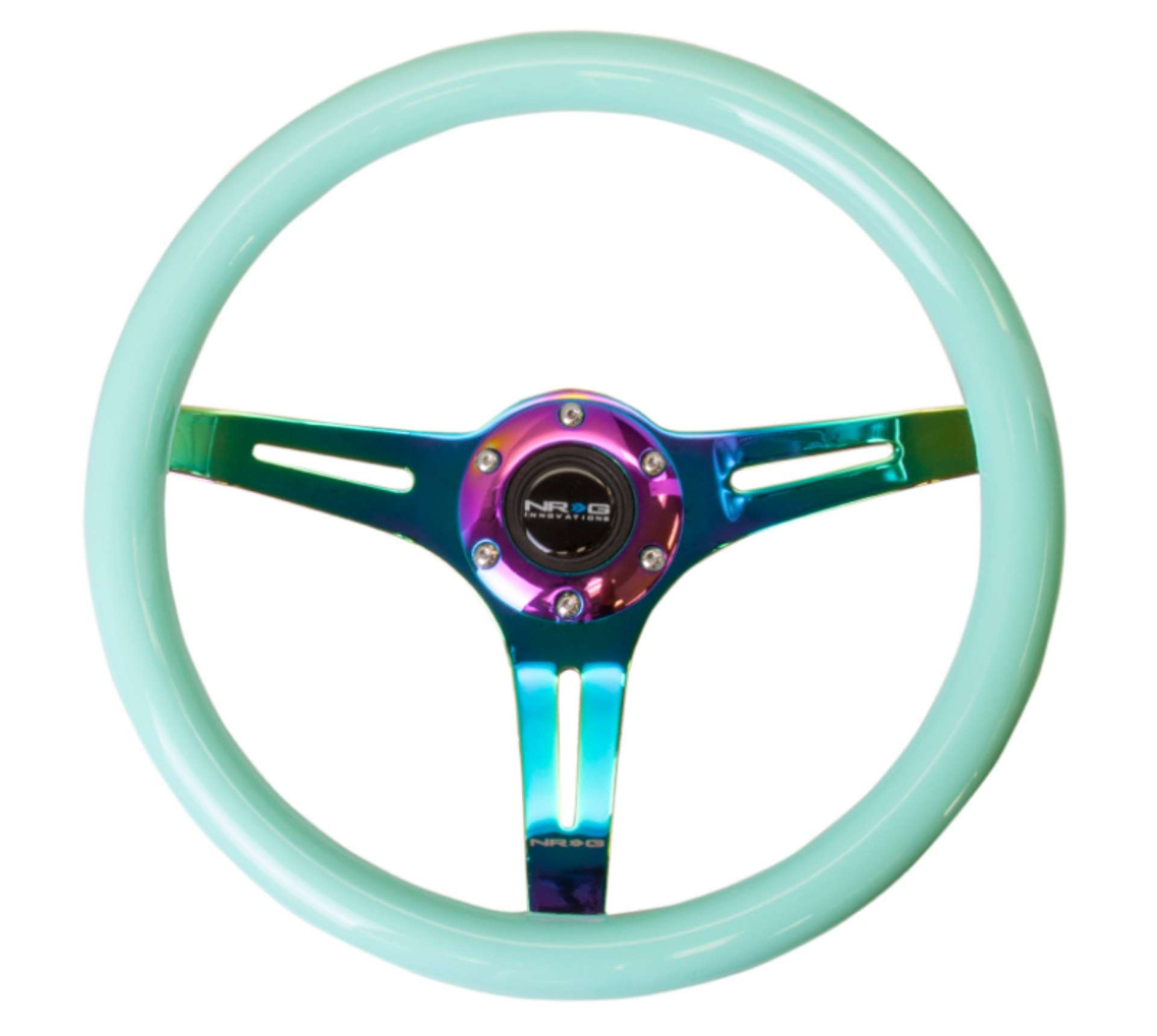 Picture of NRG Classic Wood Grain Steering Wheel 350mm Minty Fresh Color w-Neochrome 3-Spoke Center