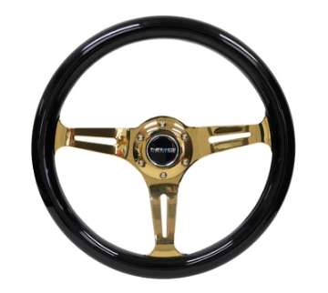 Picture of NRG Classic Wood Grain Steering Wheel 350mm Black Grip w-Chrome Gold 3-Spoke Center