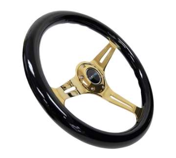 Picture of NRG Classic Wood Grain Steering Wheel 350mm Black Grip w-Chrome Gold 3-Spoke Center