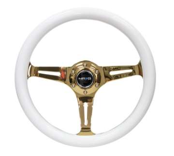 Picture of NRG Classic Wood Grain Steering Wheel 350mm White Grip w-Chrome Gold 3-Spoke Center