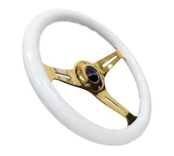 Picture of NRG Classic Wood Grain Steering Wheel 350mm White Grip w-Chrome Gold 3-Spoke Center