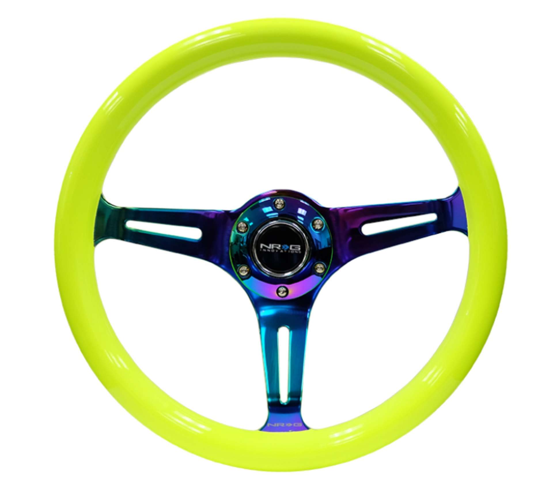 Picture of NRG Classic Wood Grain Steering Wheel 350mm Neon Yellow Color w-Neochrome Spokes