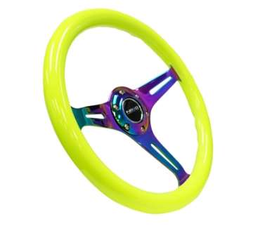 Picture of NRG Classic Wood Grain Steering Wheel 350mm Neon Yellow Color w-Neochrome Spokes