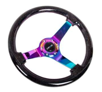 Picture of NRG Reinforced Steering Wheel 350mm - 3in- Deep Classic Blk Sparkle w-4mm Neochrome 3-Spoke Center