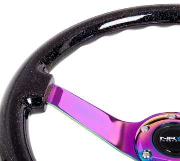 Picture of NRG Reinforced Steering Wheel 350mm - 3in- Deep Classic Blk Sparkle w-4mm Neochrome 3-Spoke Center