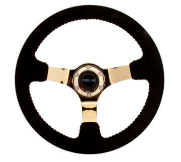 Picture of NRG Reinforced Steering Wheel 350mm - 3in- Deep Blk Suede w-Red BBall Stitch & Chrome Gold 3-Spoke